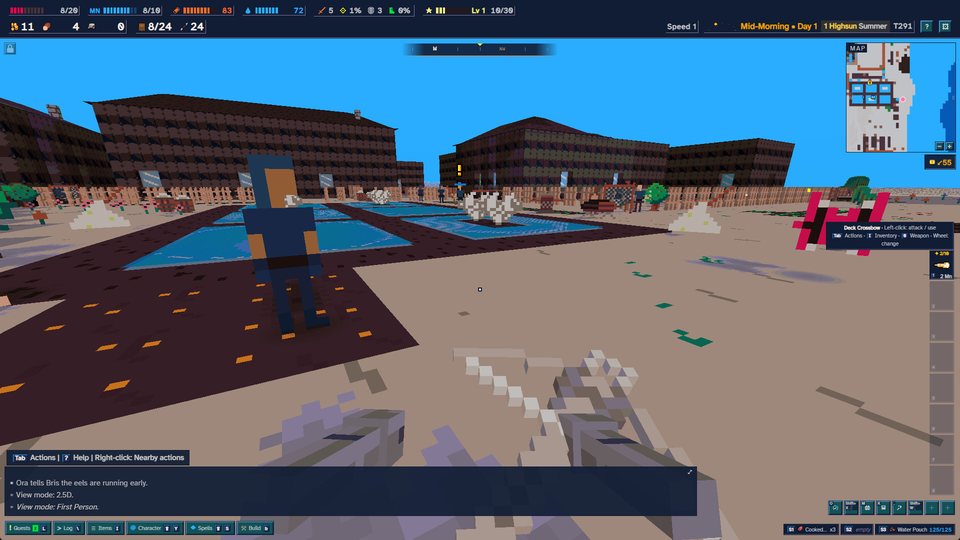 A town square in first-person 3D